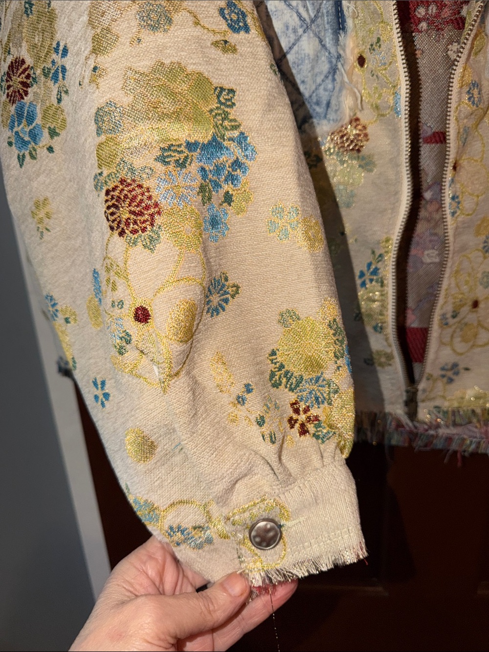 Floral Patchwork Zip-Front Women's Jacket - Cream & Blue - Picture 5 of 11